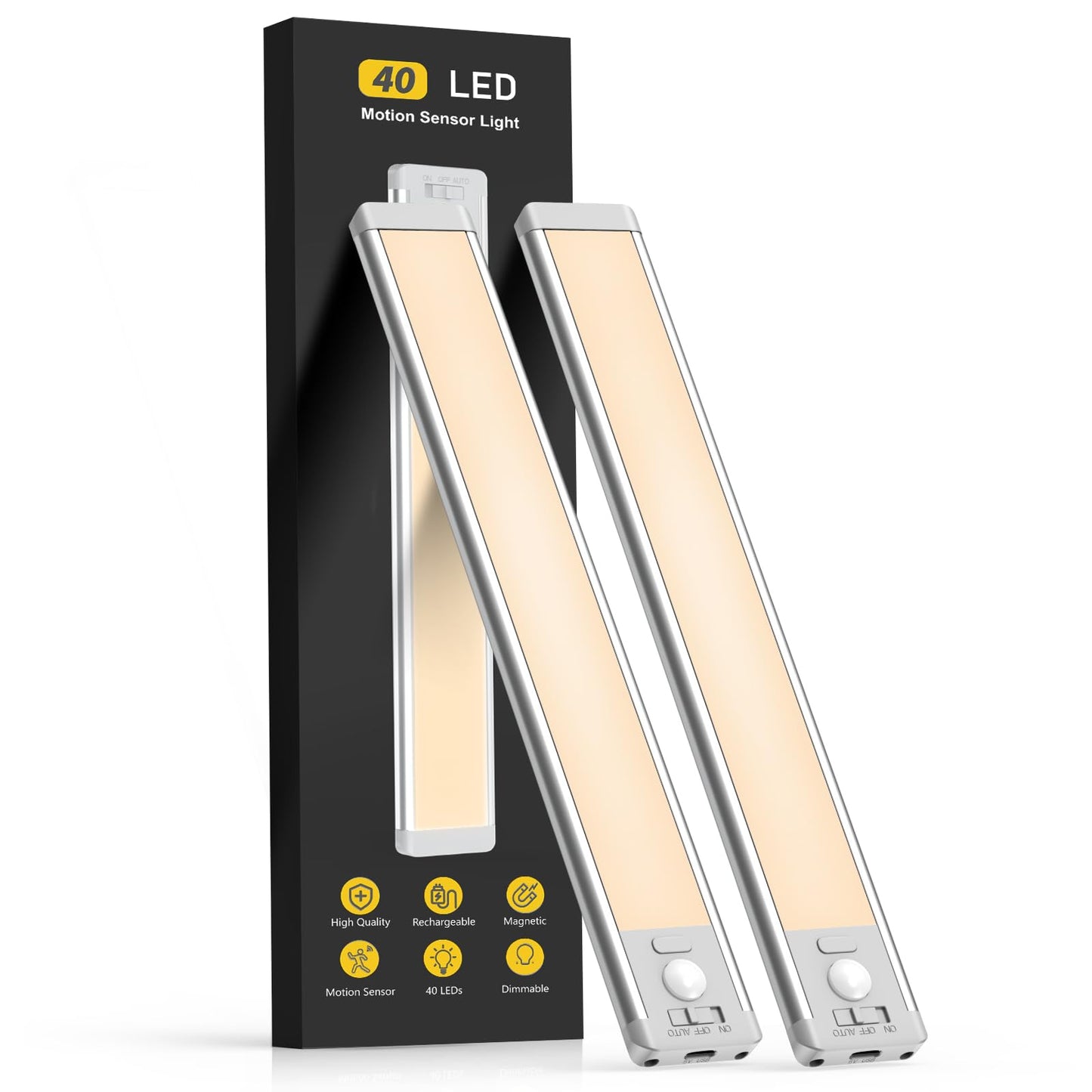 Under Cabinet Lights, 40 LED Rechargeable Battery Operated Motion Sensor Indoor, 2 Pack Magnetic Dimmable Closet, Wireless Under Counter for Kitchen, Stairs