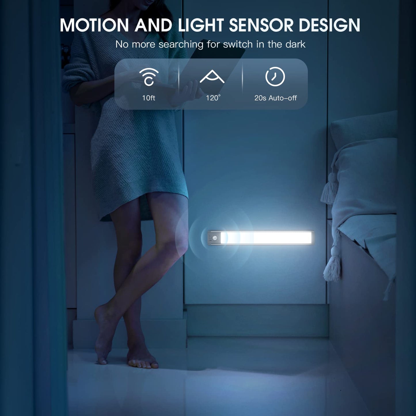 Under Cabinet Lights, 40 LED Rechargeable Battery Operated Motion Sensor Indoor, 2 Pack Magnetic Dimmable Closet, Wireless Under Counter for Kitchen, Stairs