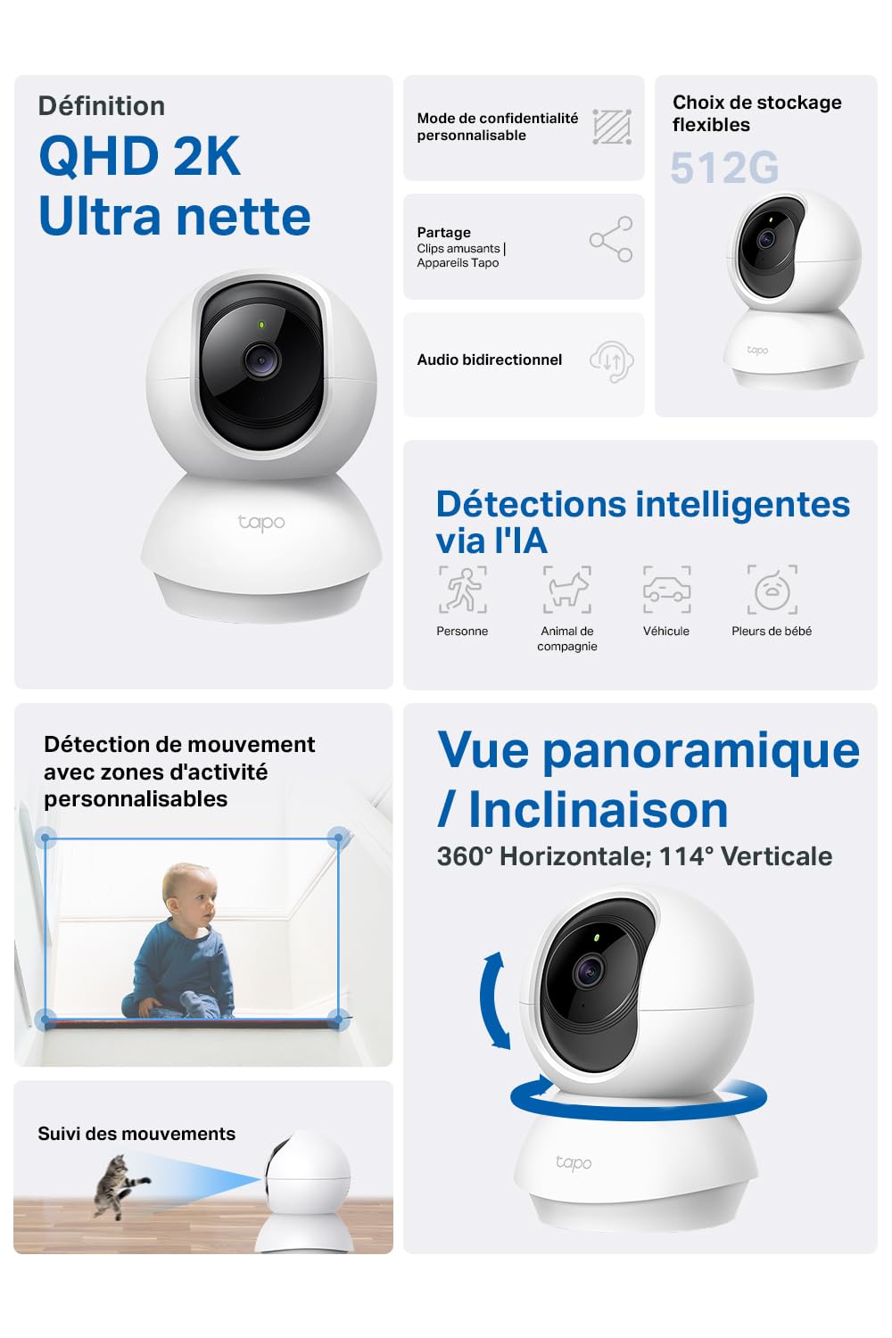 Tapo 2K(3MP) Caméra Surveillance WiFi intérieure 360° C210, Vision nocturne, Notifications en temps réel, Détection de personne, Suivi de mouvement, Télécommande, Compatible avec Alexa