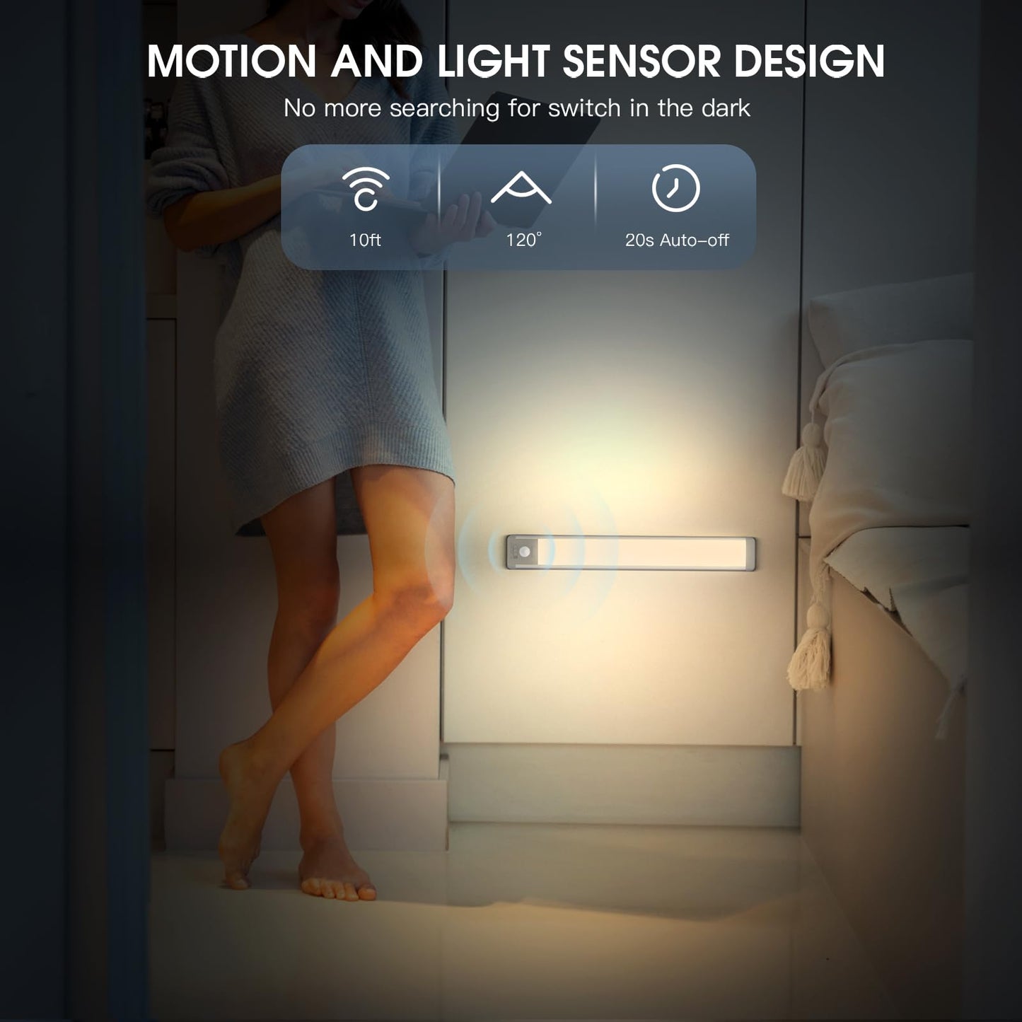 Under Cabinet Lights, 40 LED Rechargeable Battery Operated Motion Sensor Indoor, 2 Pack Magnetic Dimmable Closet, Wireless Under Counter for Kitchen, Stairs