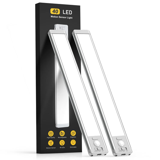 Under Cabinet Lights, 40 LED Rechargeable Battery Operated Motion Sensor Indoor, 2 Pack Magnetic Dimmable Closet, Wireless Under Counter for Kitchen, Stairs