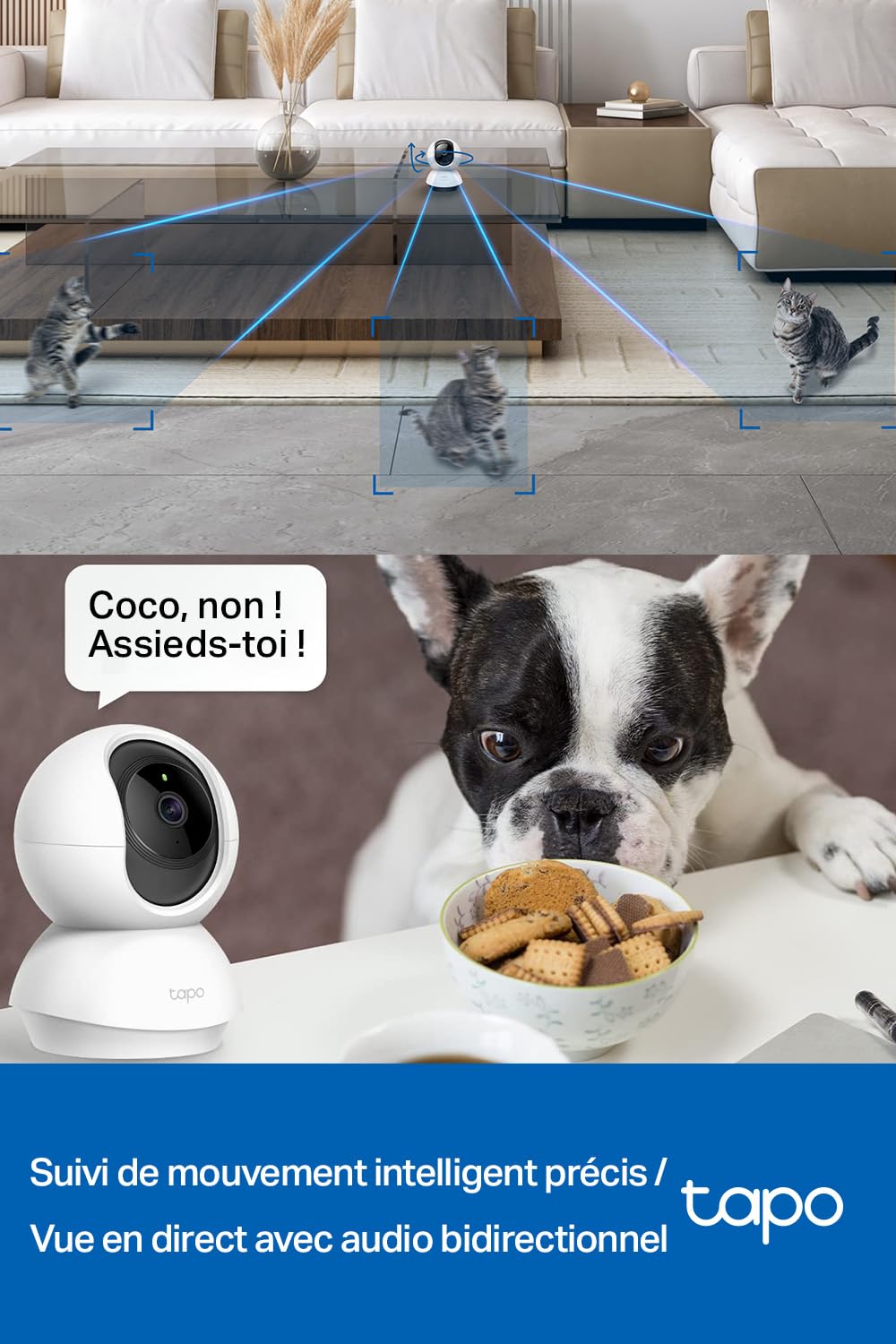 Tapo 2K(3MP) Caméra Surveillance WiFi intérieure 360° C210, Vision nocturne, Notifications en temps réel, Détection de personne, Suivi de mouvement, Télécommande, Compatible avec Alexa