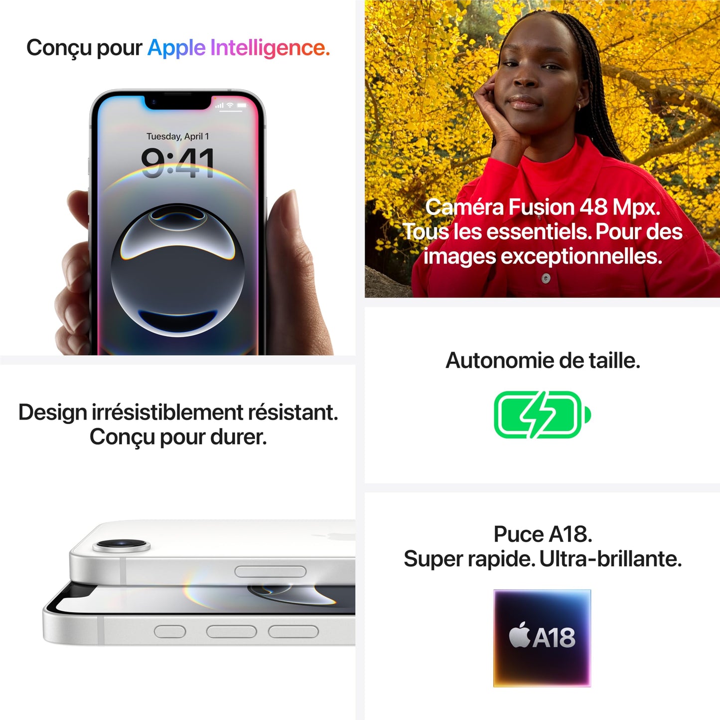 Apple iPhone 16e 128 Go : Conçu pour Apple Intelligence, Puce A18, Autonomie de Taille, Caméra Fusion 48 Mpx, Écran Super Retina XDR de 6,1 Pouces; Blanc